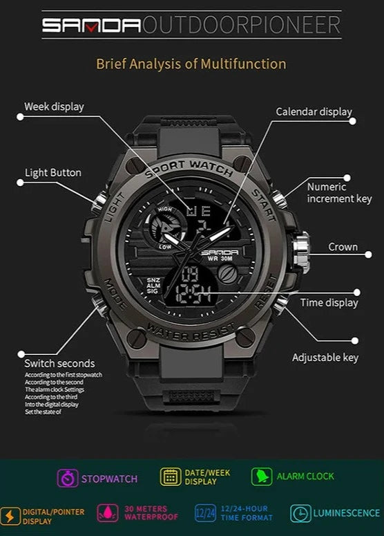 Military Sports Watch Dual Display Waterproof